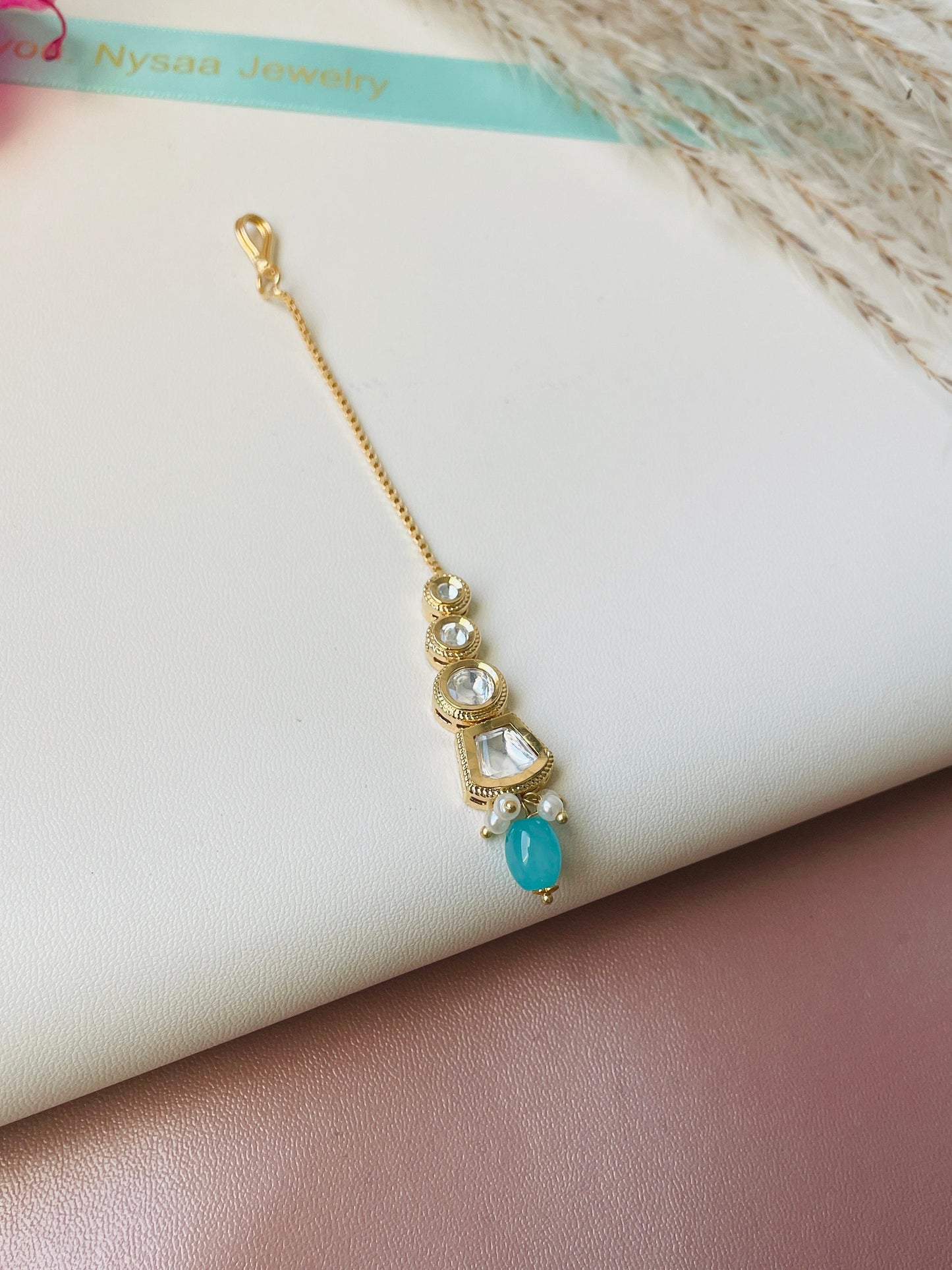 Gold Plated Kundan Maang Tika: Indian Head Jewelry