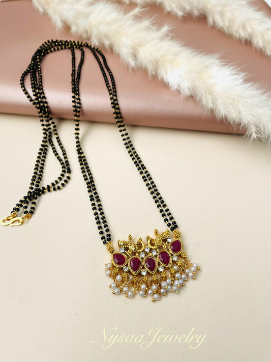CZ Solitaire Mangalsutra Set: Black Bead Necklace, Matching Earrings