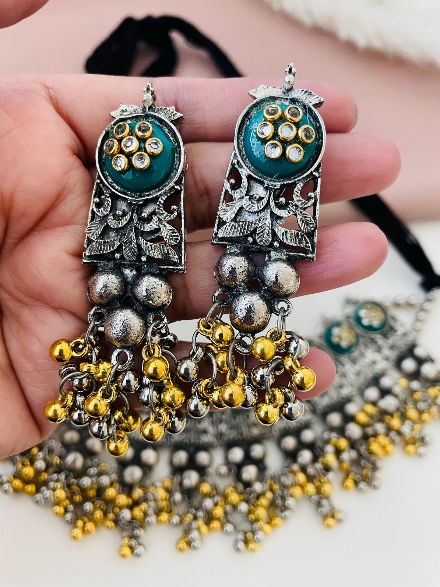 Nysaa dual tone Oxidised multicolored ghungaroo choker with earrings | Bollywood Jewelry | Navaratri jewelry | German silver jewelry