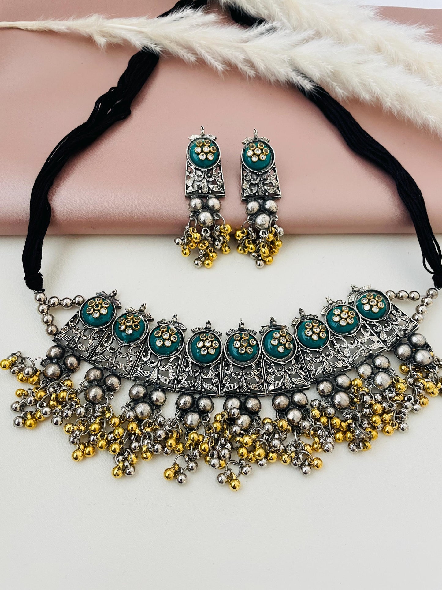 Nysaa dual tone Oxidised multicolored ghungaroo choker with earrings | Bollywood Jewelry | Navaratri jewelry | German silver jewelry