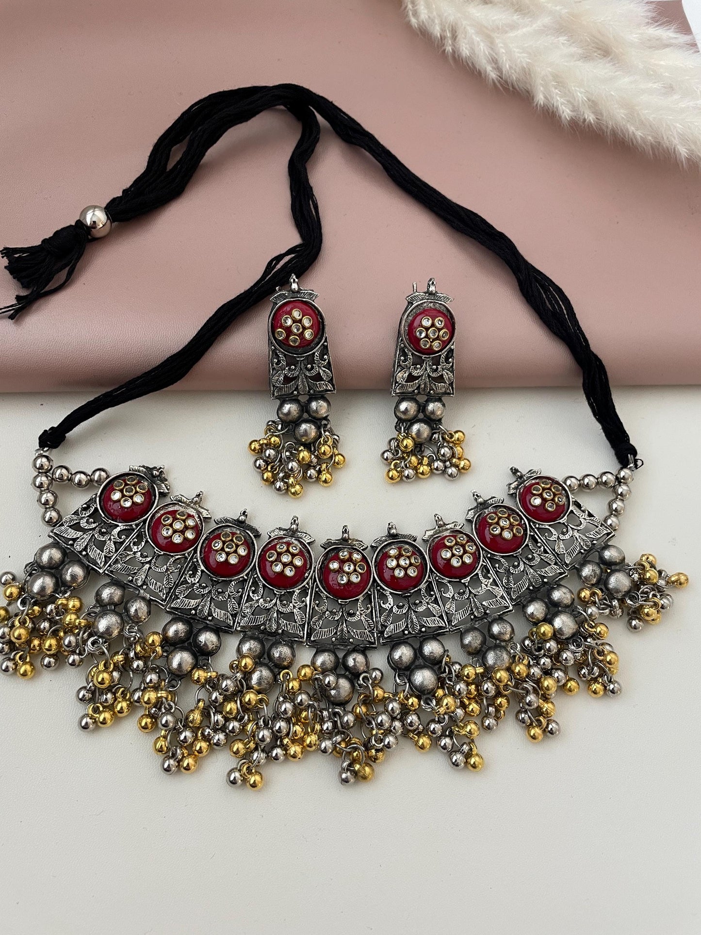 Nysaa dual tone Oxidised multicolored ghungaroo choker with earrings | Bollywood Jewelry | Navaratri jewelry | German silver jewelry