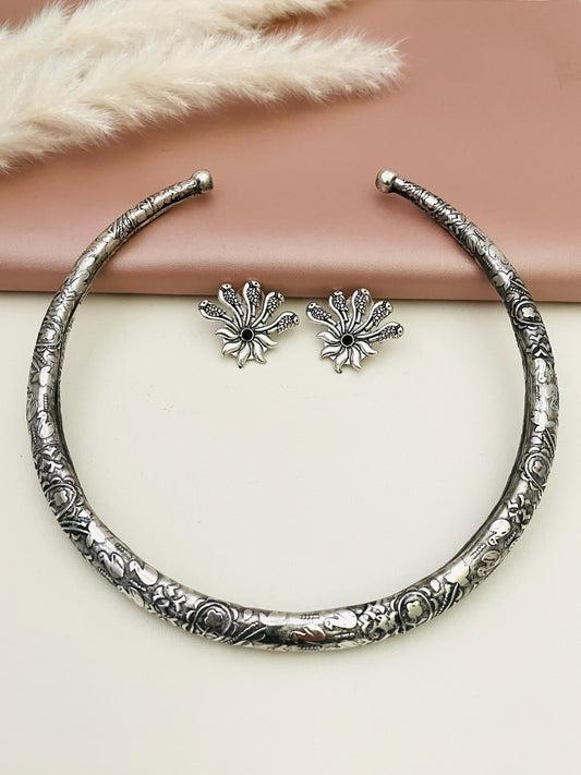 Oxidized Silver Hasli Choker Set: Antique Navratri Jewelry