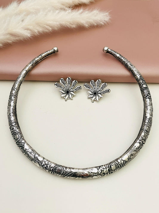 Oxidized Silver Hasli Choker Set: Antique Navratri Jewelry