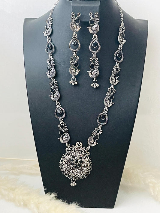 Nysaa Peacock themed Oxidized Necklace set with black stones long earrings