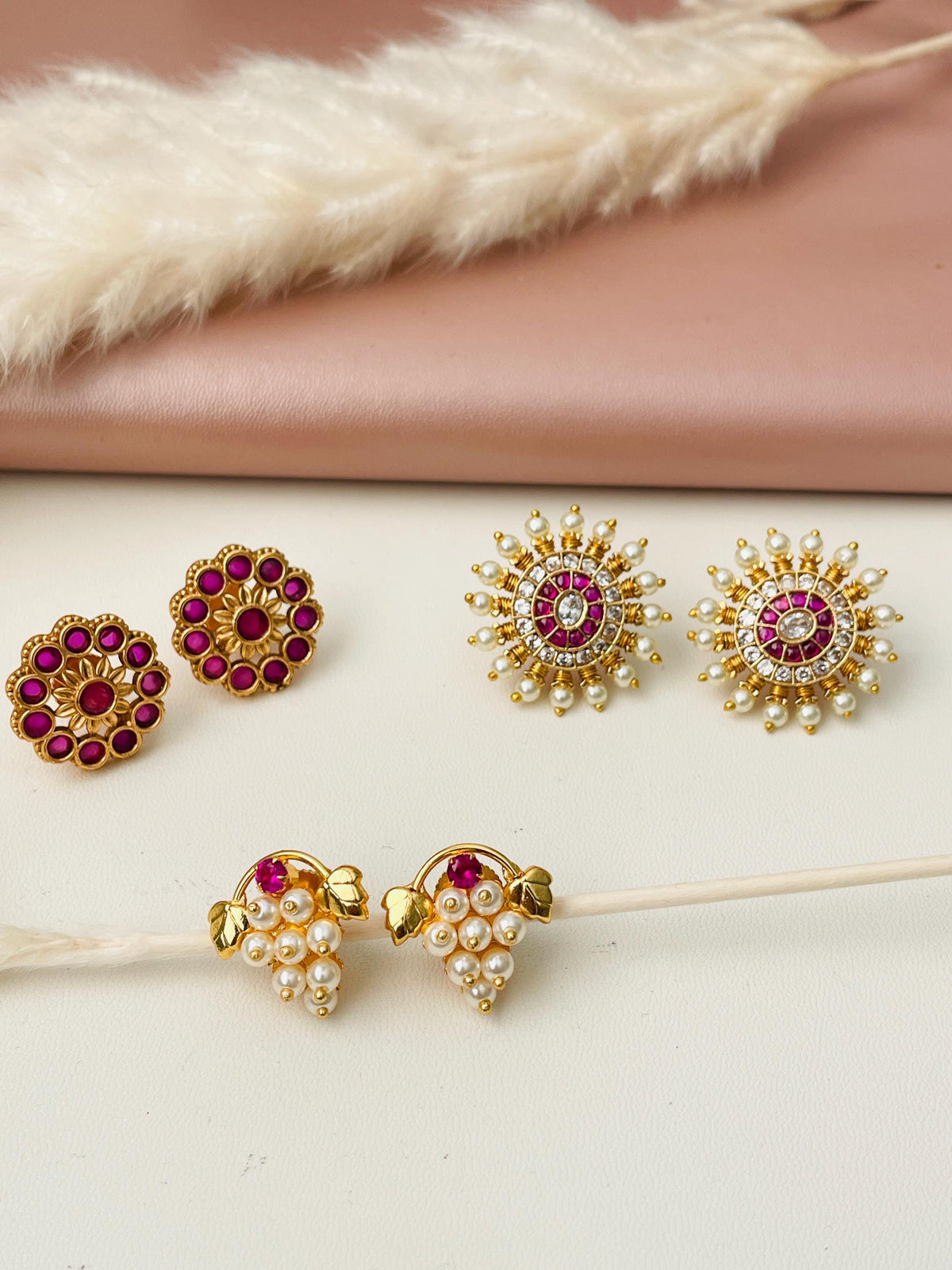 Maharashtrian Kudi Earrings: Ruby, Pearl & CZ Gold Plated Earrings