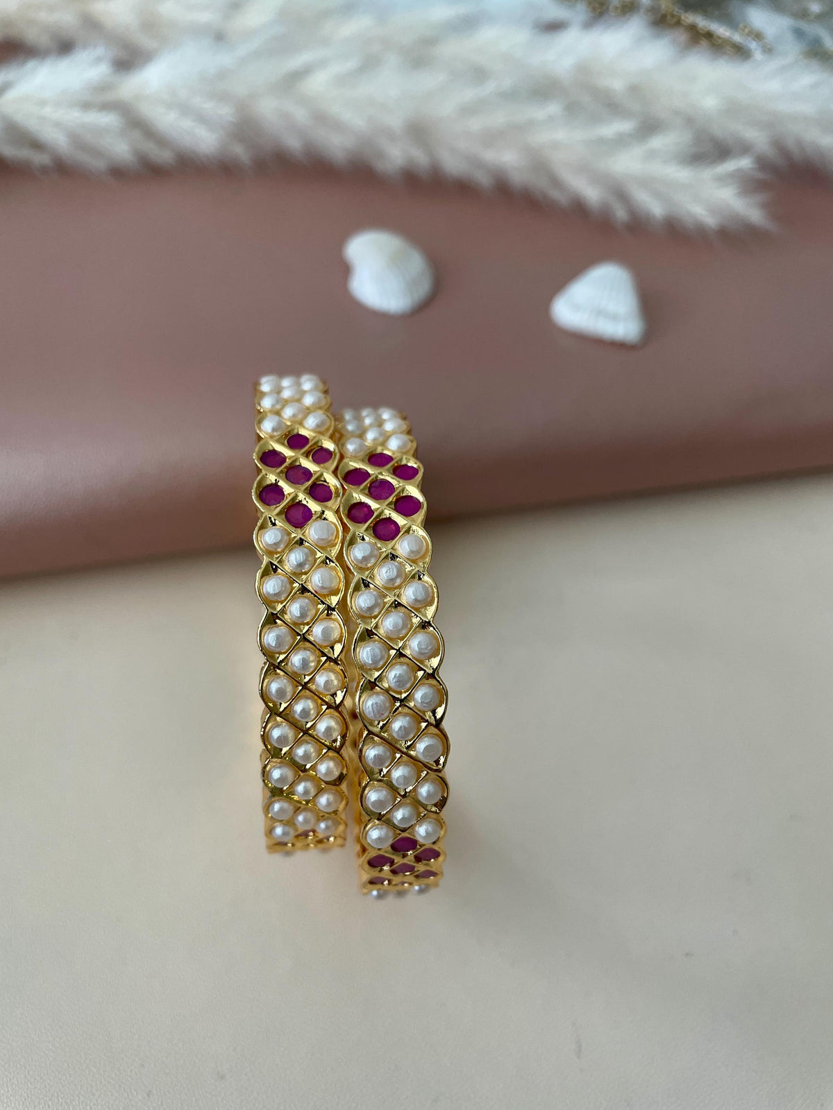Gold Plated Ruby & Pearl Bangles - North Indian Party Jewelry