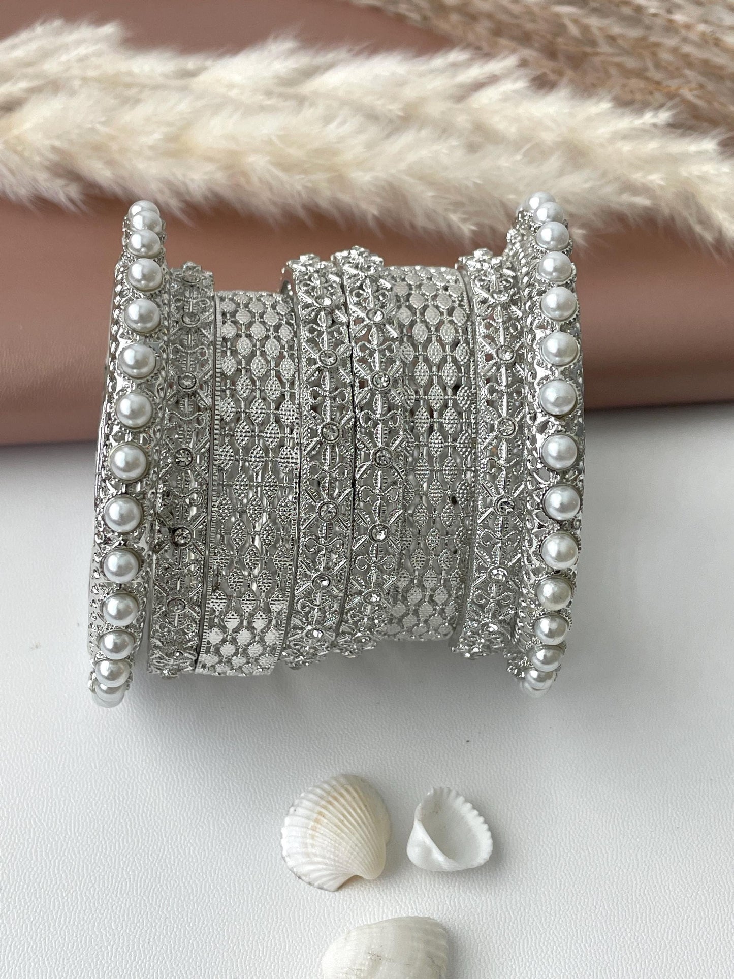 Silver Color Bangle Set | Pearl & Crystal Detail, Set of 8