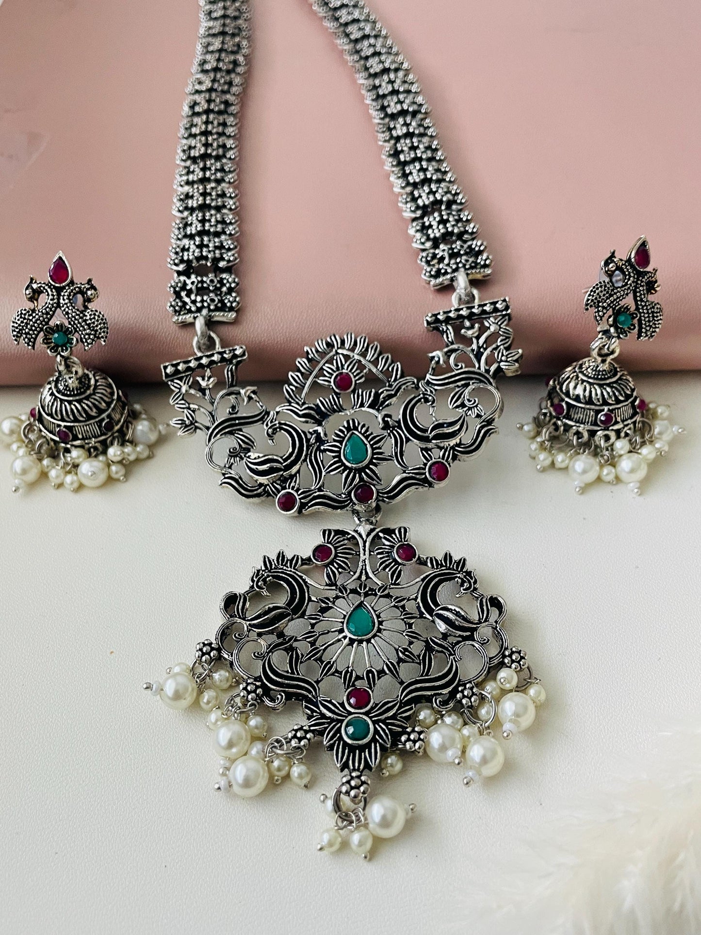 Oxidized Silver Necklace Set: Long Haaram Jhumki Jewelry