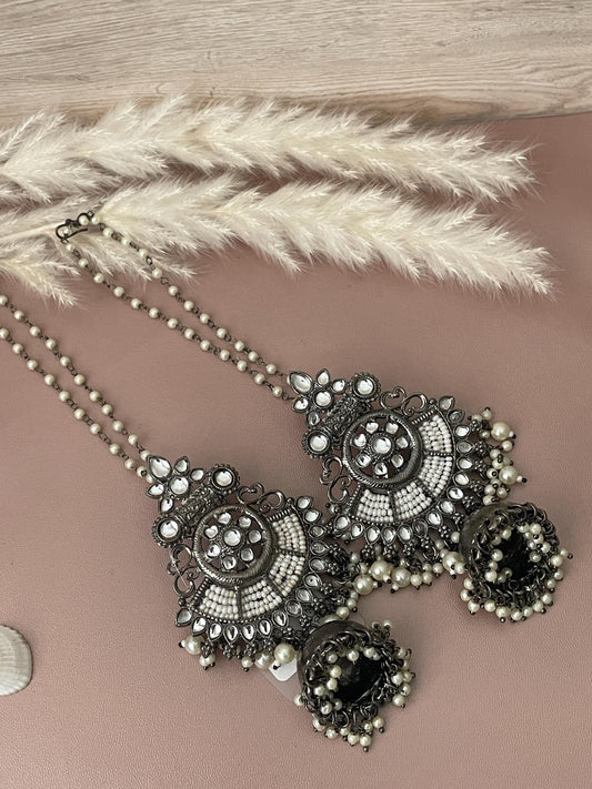 Oxidized Jhumki Earrings with Pearl Chain: Black Kundan Jewelry