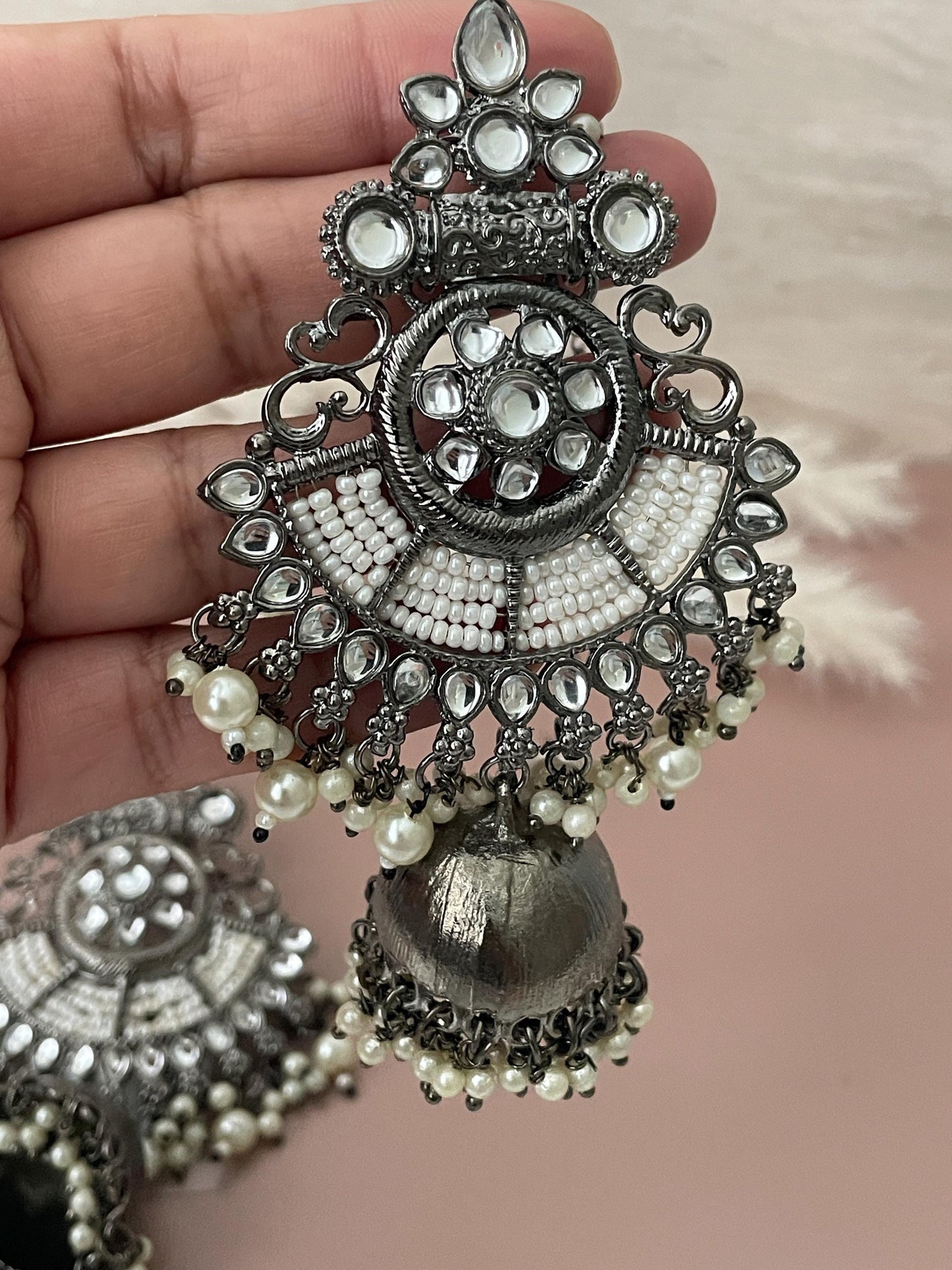 Oxidized Jhumki Earrings with Pearl Chain: Black Kundan Jewelry