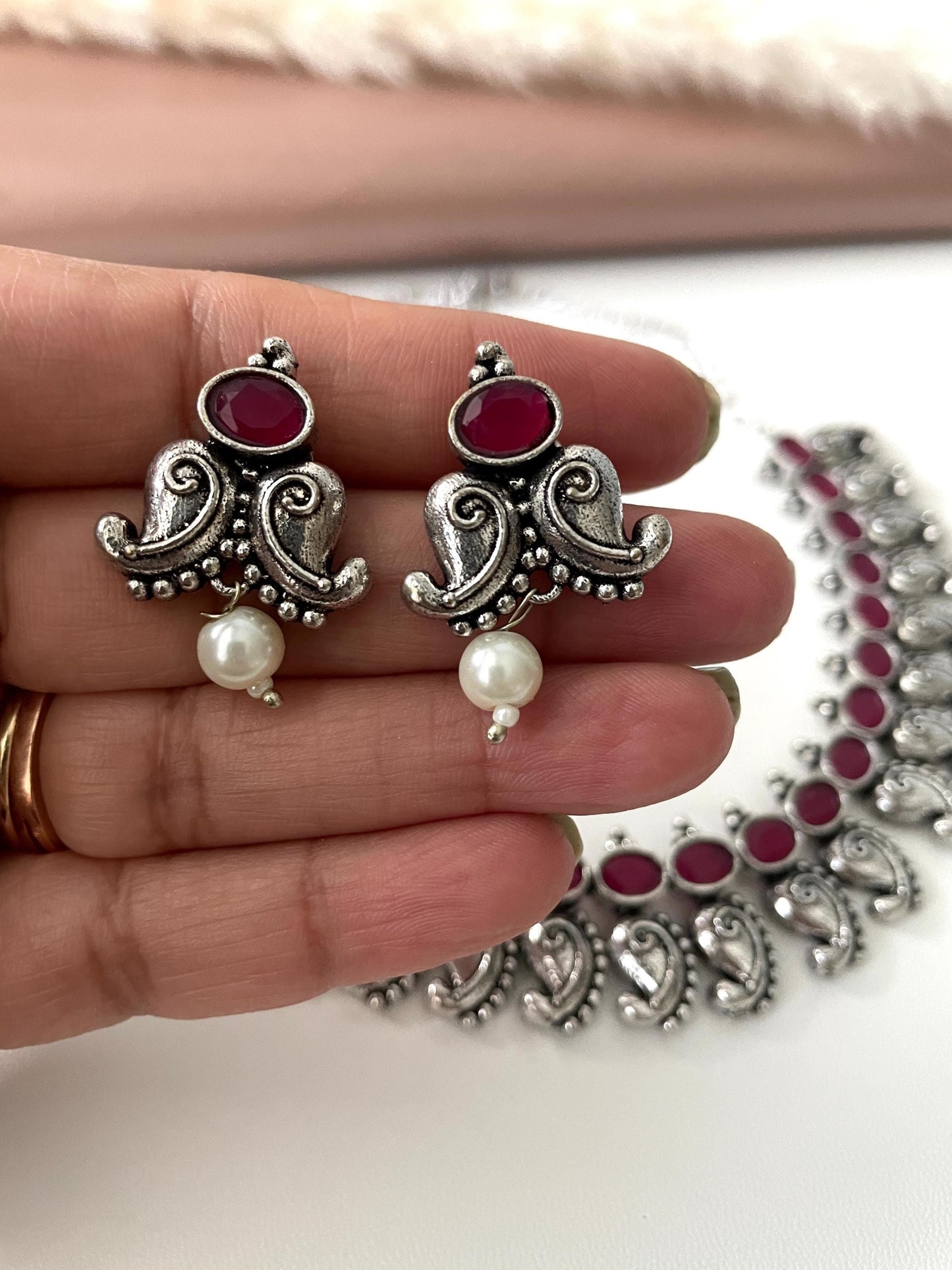 Ruby Stone Oxidized Necklace & Earrings: Indian Bollywood Jewelry