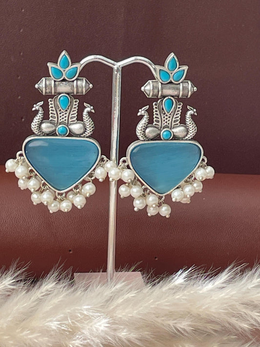 Peacock Oxidised Monalisa stone earrings | High quality colorful earrings| Oxidised pink yellow and black Navratri earrings