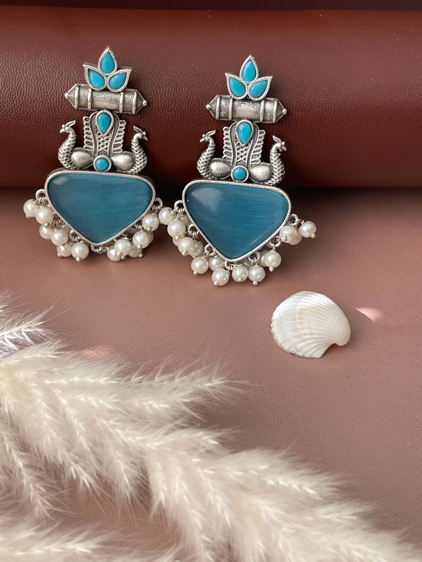Peacock Oxidised Monalisa stone earrings | High quality colorful earrings| Oxidised pink yellow and black Navratri earrings