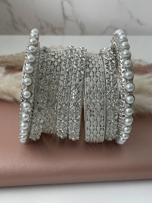Silver Color Bangle Set | Pearl & Crystal Detail, Set of 8
