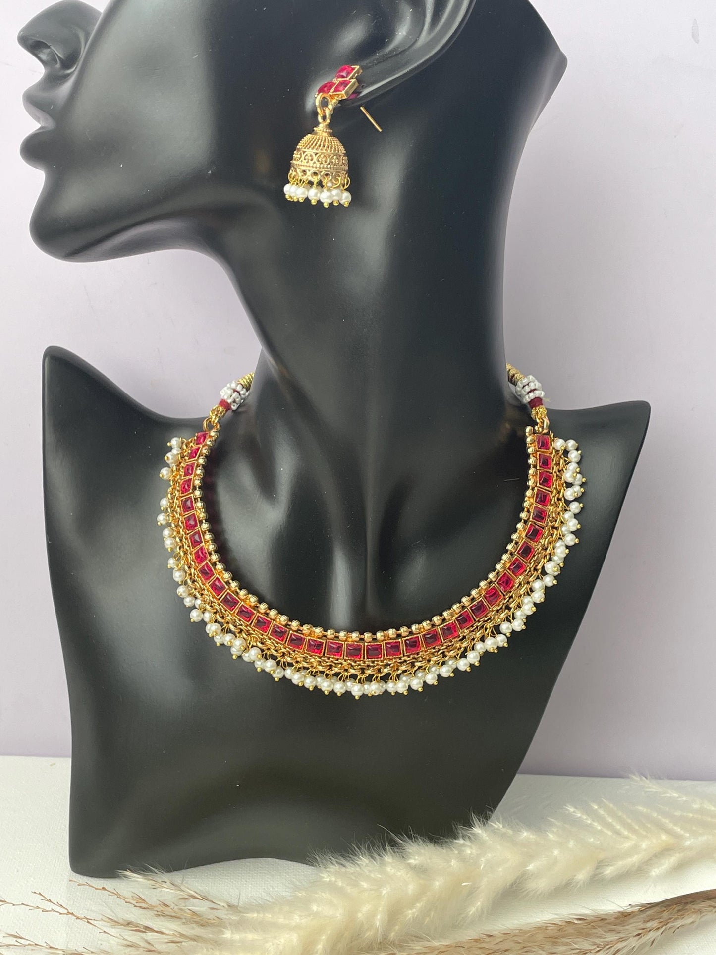 Green Stone Pearl Gold Plated Necklace Set