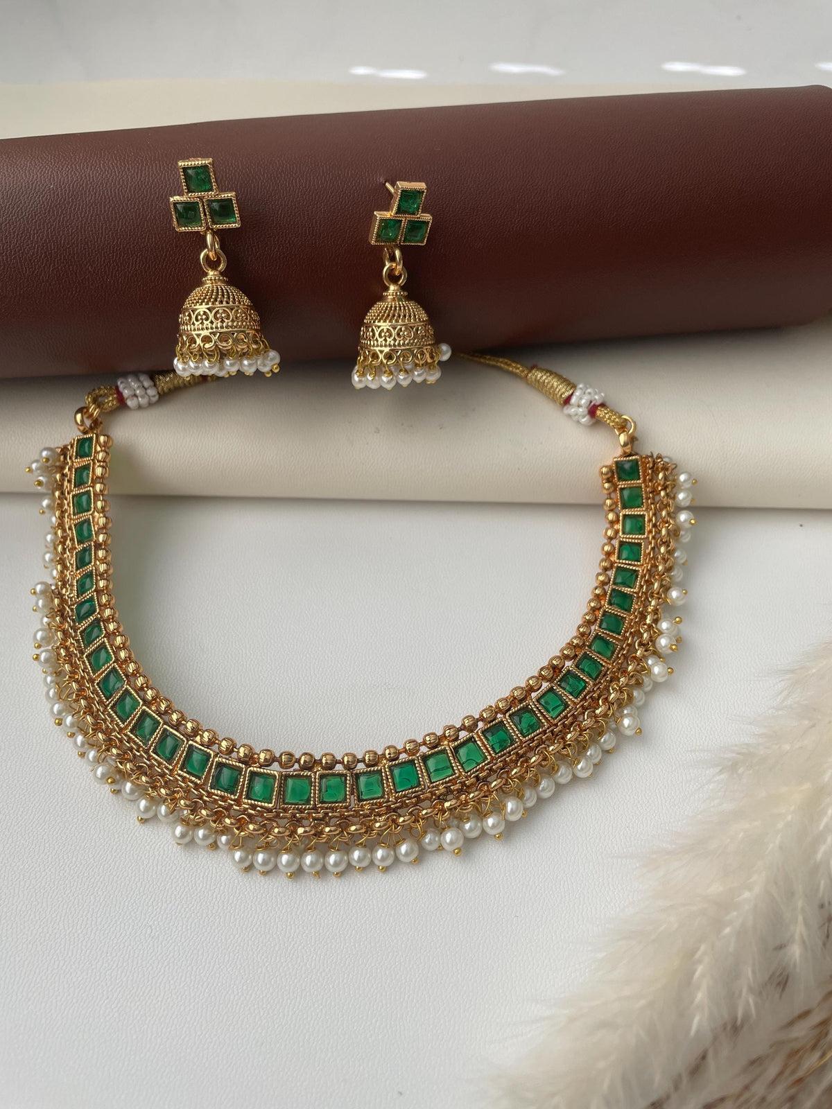 Green Stone Pearl Gold Plated Necklace Set