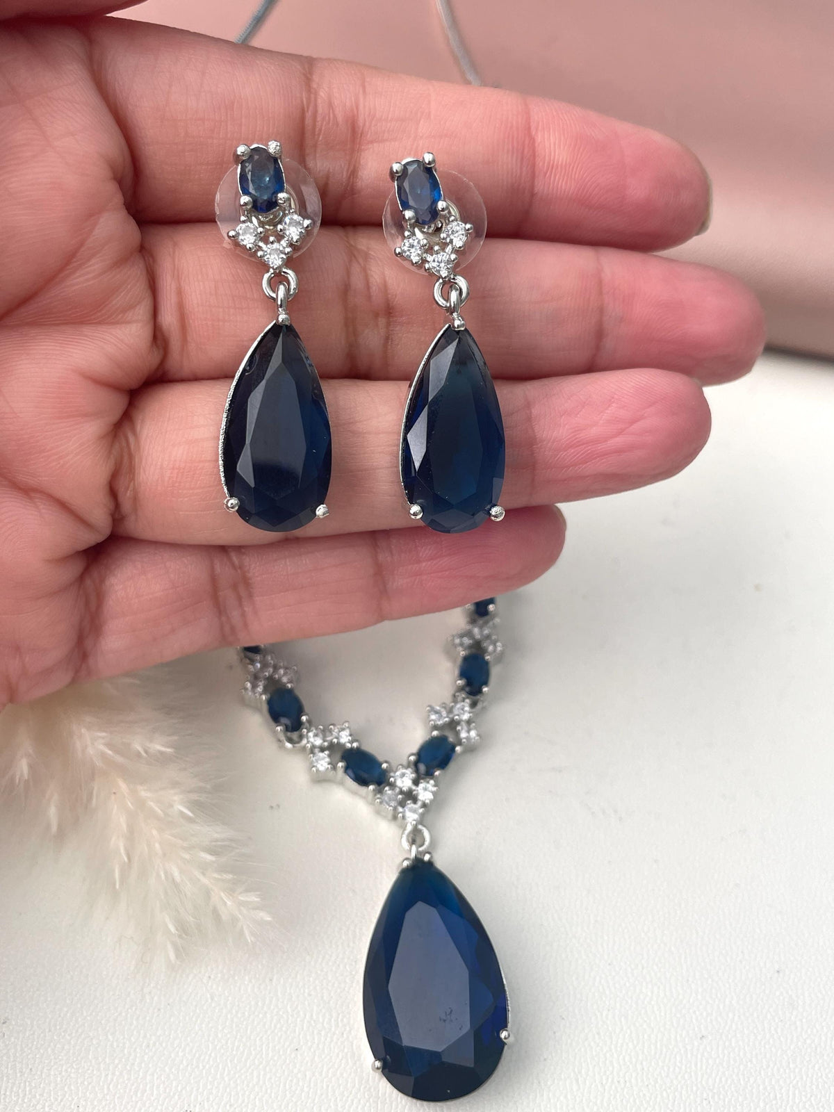 Blue Cubic Zirconia Necklace Set: Rhodium Plated Indian Jewelry