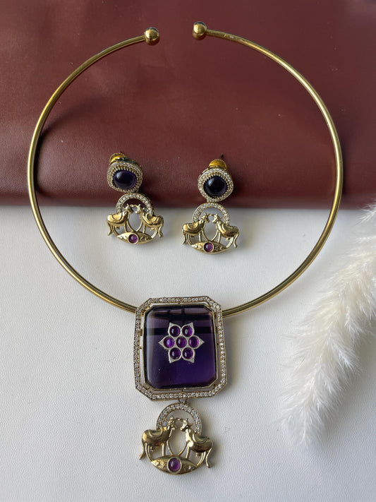 Gold Plated Kundan CZ Hasli Necklace Set: Purple Pendant & Earrings