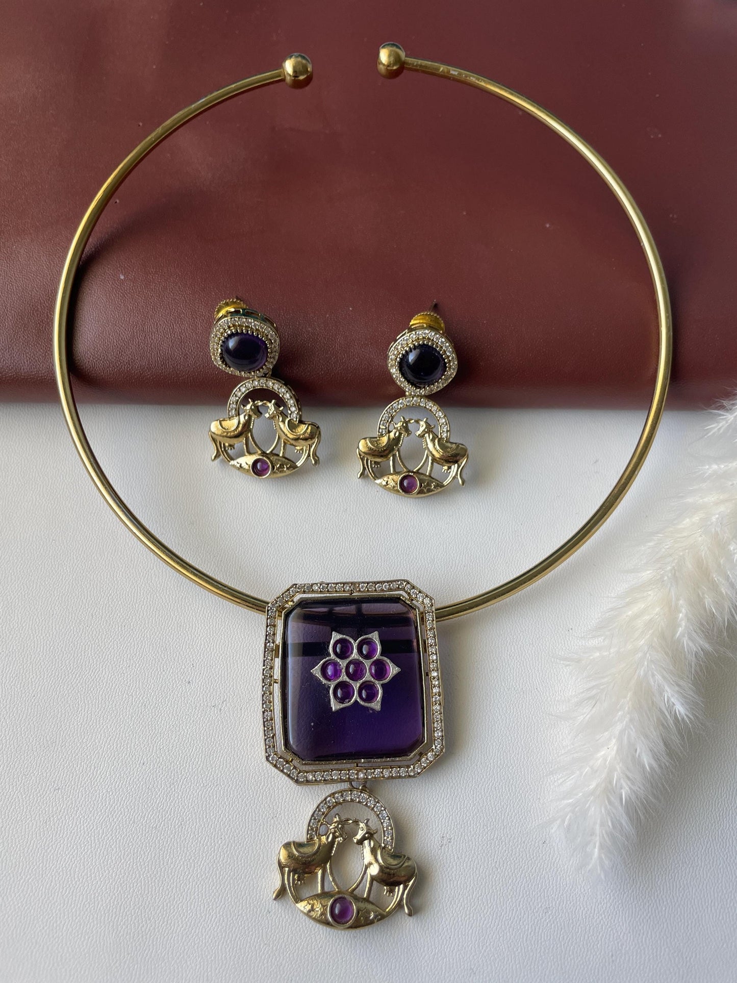 Gold Plated Kundan CZ Hasli Necklace Set: Purple Pendant & Earrings