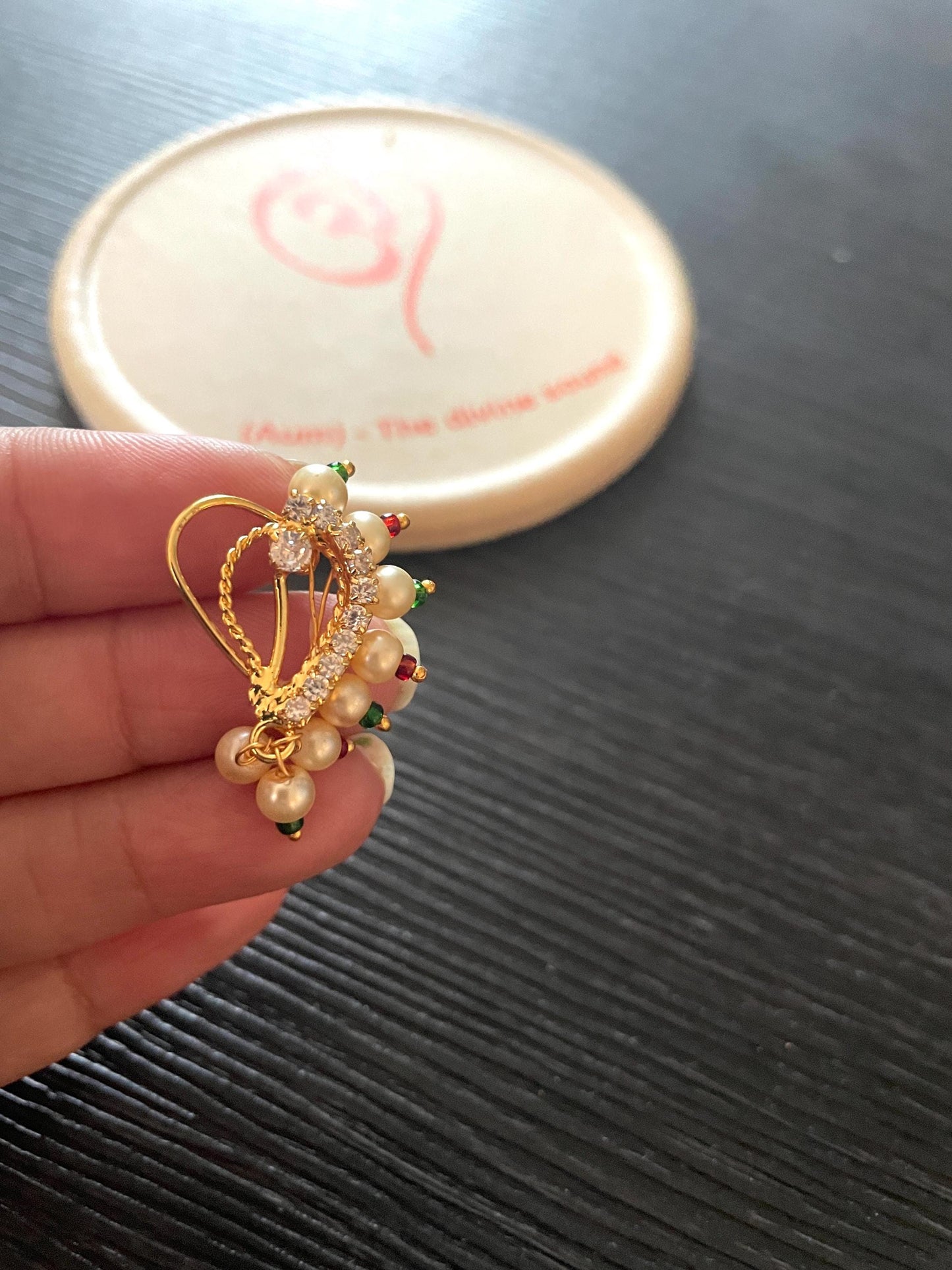 Maharashtrian Pearl Nath: Gold Plated Nose Clip-On - Traditional Indian Jewelry