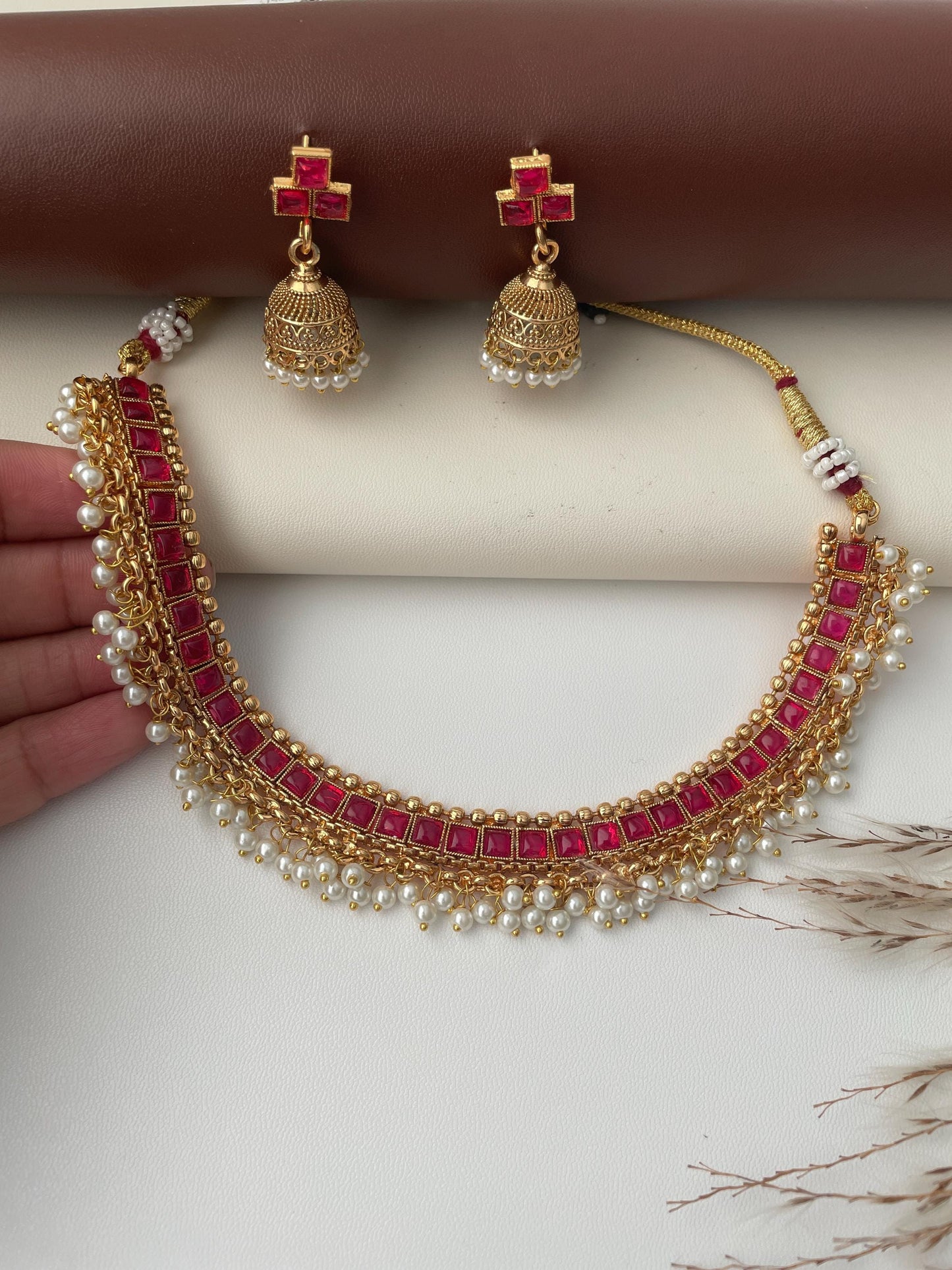 Green Stone Pearl Gold Plated Necklace Set