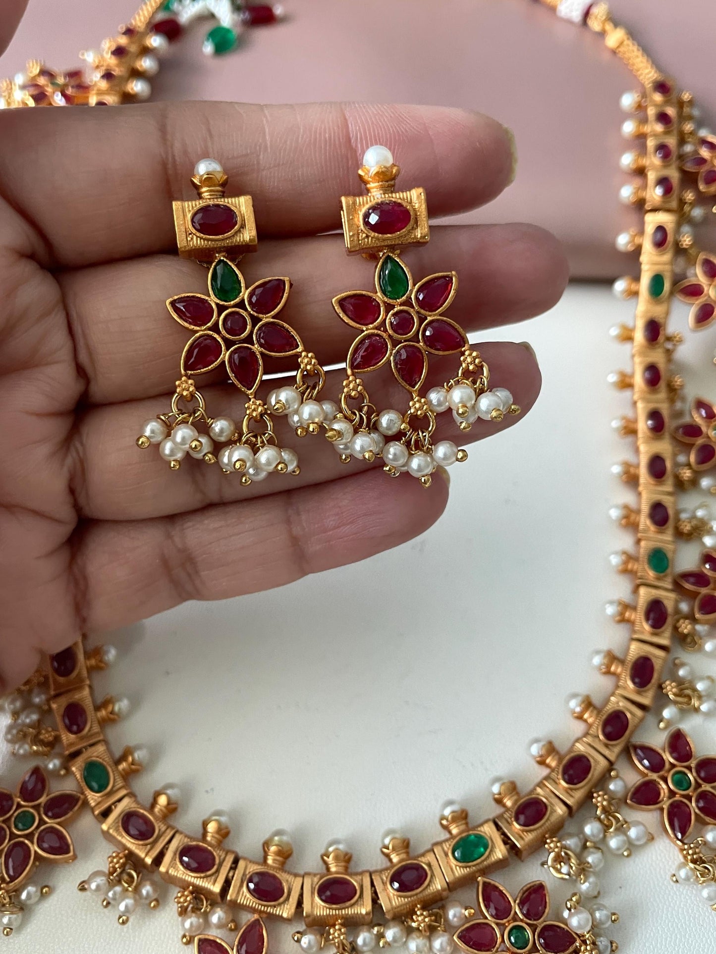 Kemp Stone Guttapusalu Necklace Set: Ruby Green Gold Plated Haaram