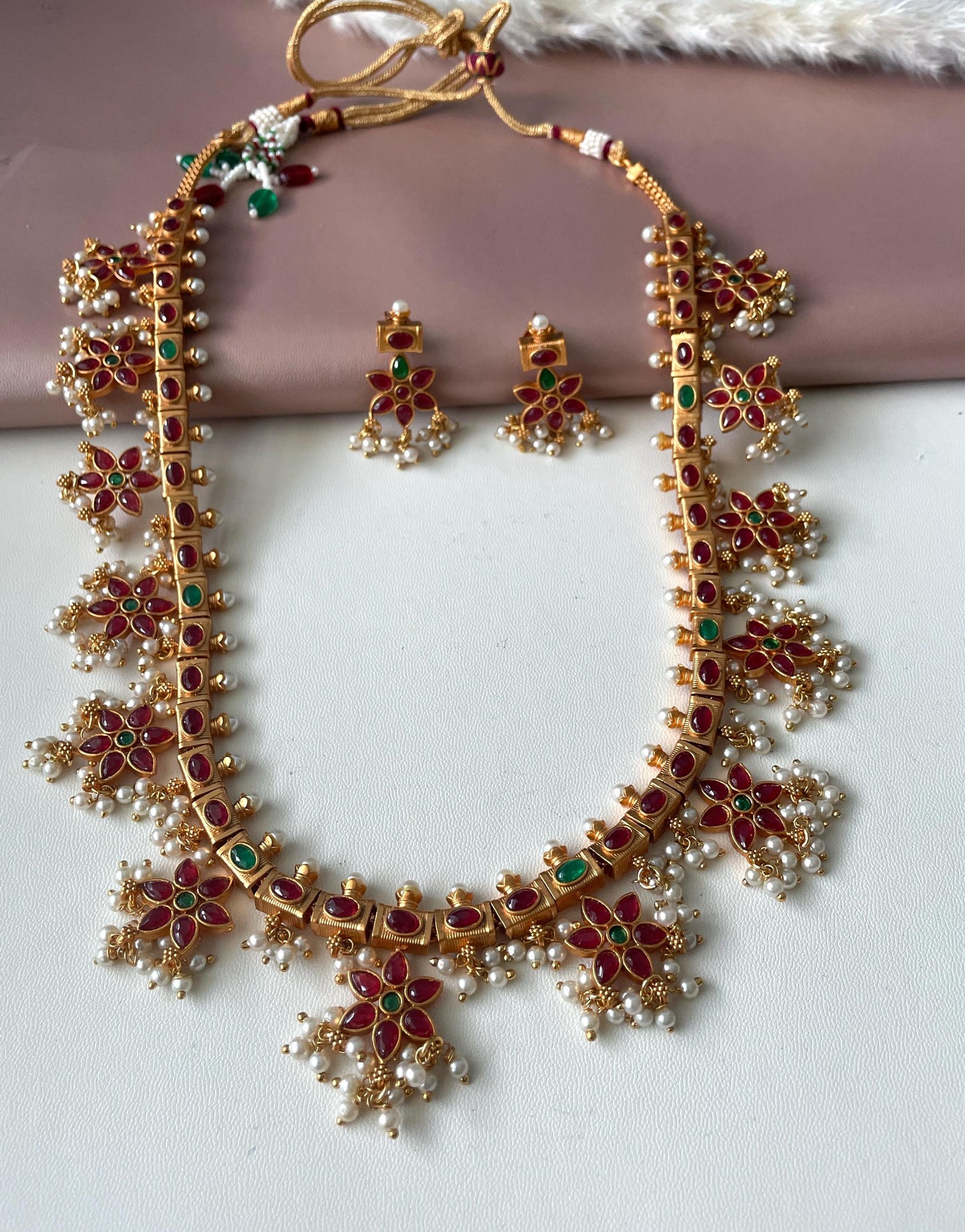 Kemp Stone Guttapusalu Necklace Set: Ruby Green Gold Plated Haaram
