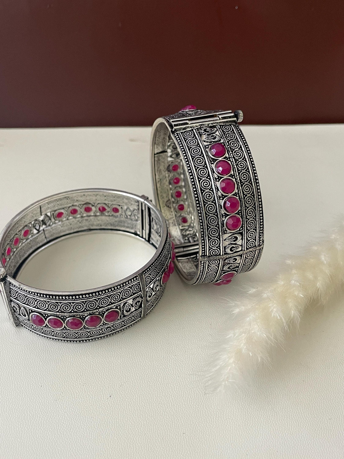 Oxidized Bangle: Red Gem, Openable Indian Jewelry