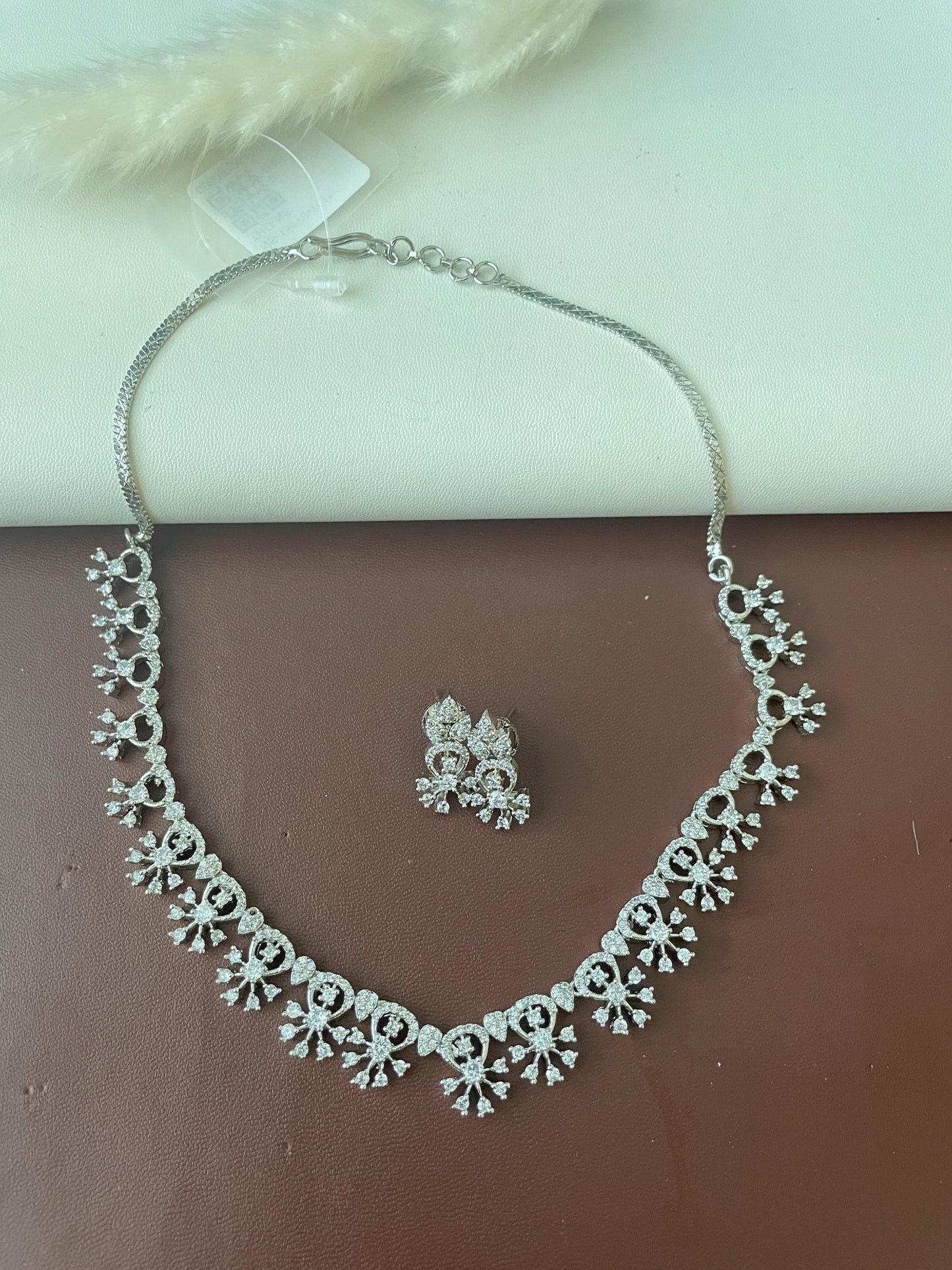 Asymmetrical Cubic Zirconia Necklace Set: Rhodium Plated Wedding Jewelry