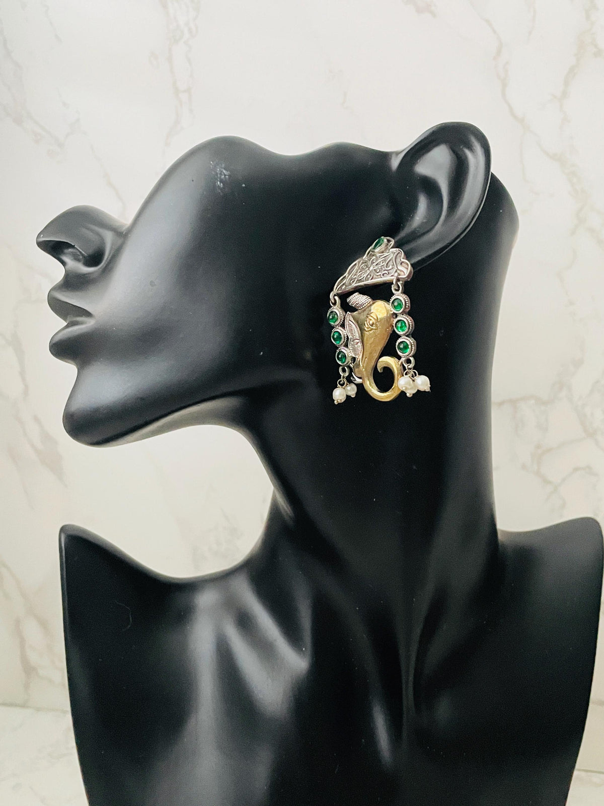 Dual tone Ganapati Earrings: Green & Gold Navratri Jewelry