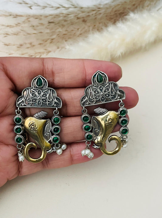 Dual tone Ganapati Earrings: Green & Gold Navratri Jewelry