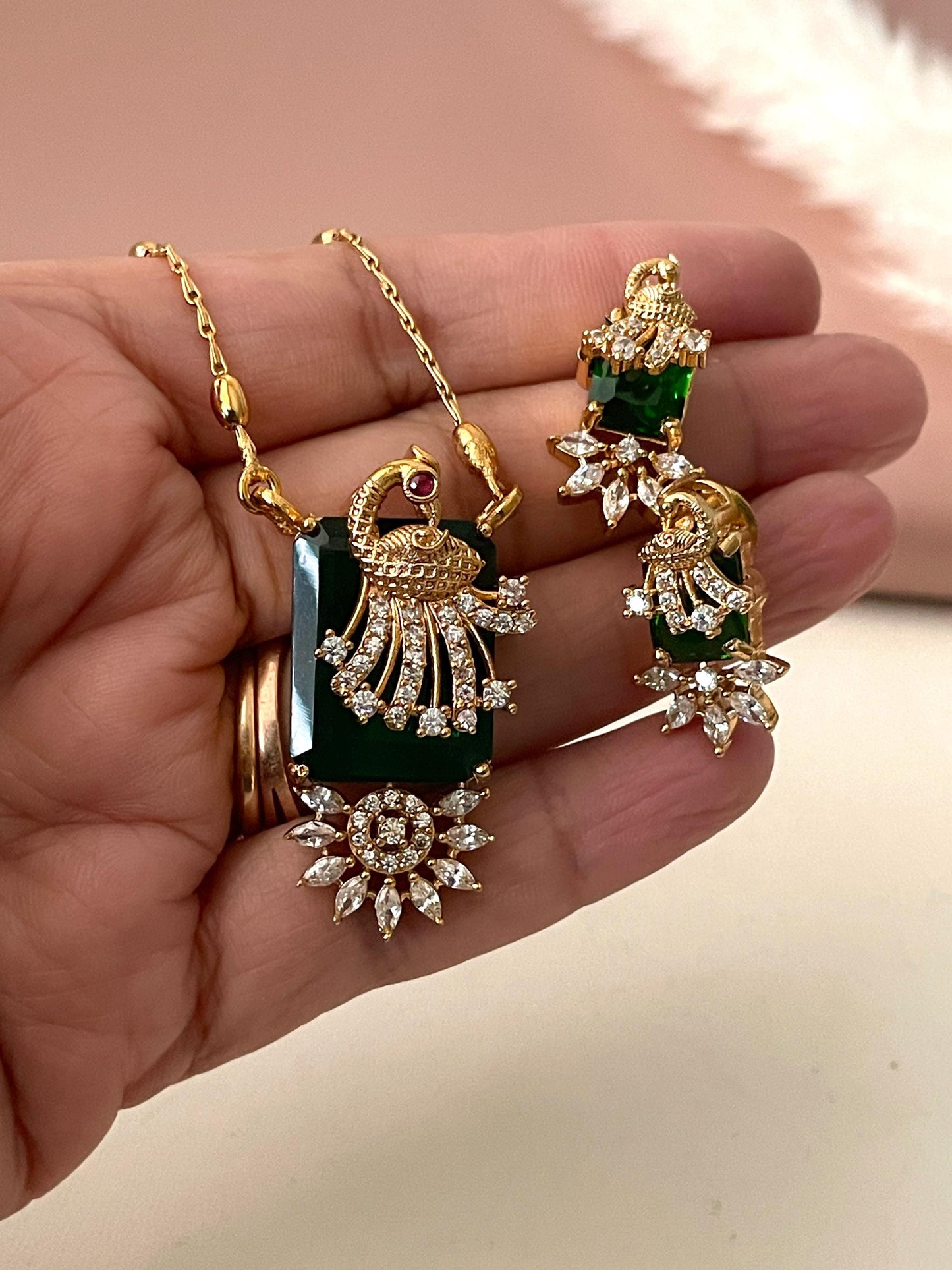 Gold Plated CZ Peacock Pendant Necklace Set: Green & Navy