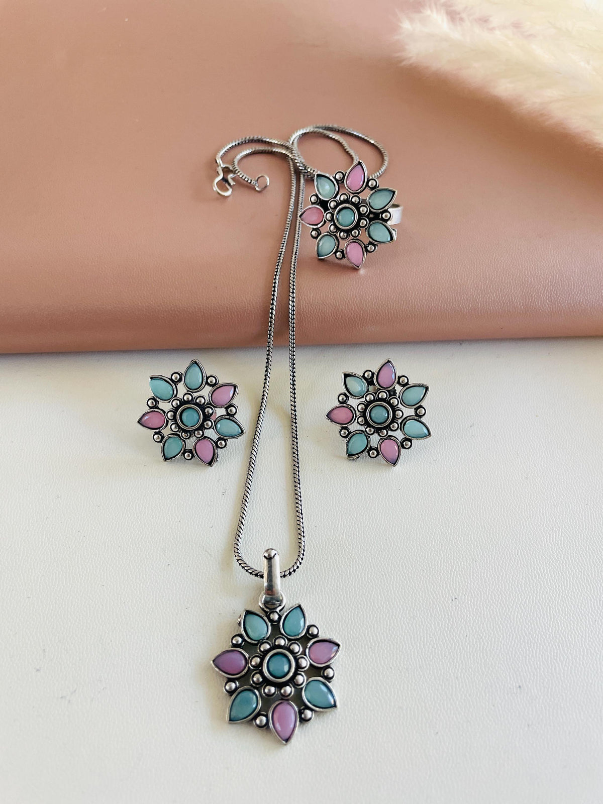 Oxidized Indian Jewelry Set: Multicolor Necklace, Earrings & Ring