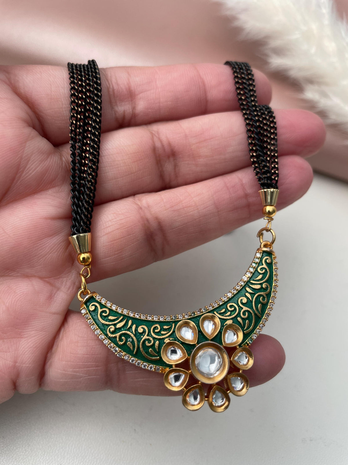Gold Plated Kundan Mangalsutra: Minakari Black Chain Necklace