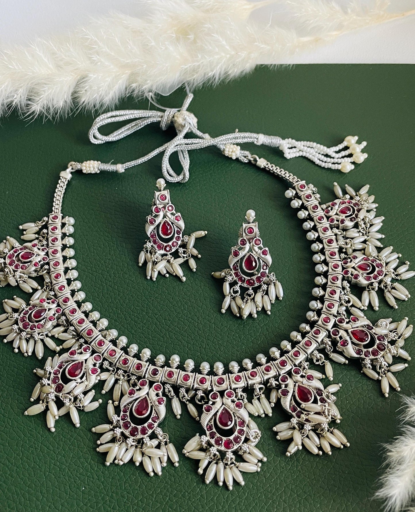 Kemp Silver Necklace Set: Ruby, Green & White Stone Earrings