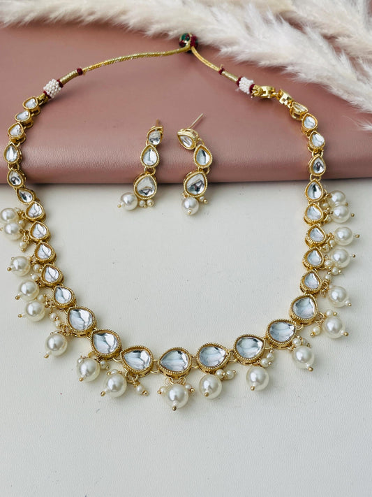 Gold plated kundan and pearl collar necklace set