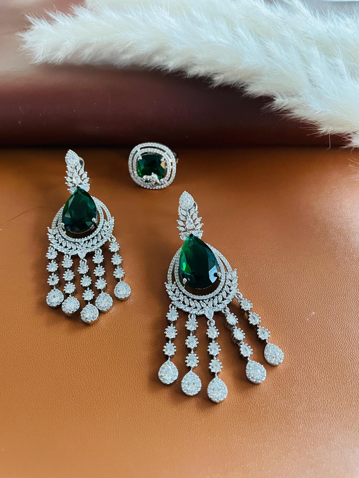 Nysaa Green Emerald CZ earrings in Rhodium plating | Bridal Jewelry | Eid Jewelry