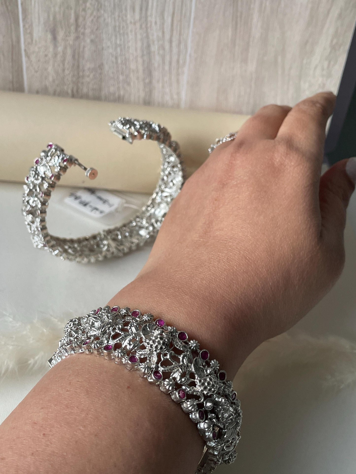 Silver Lookalike Temple Bangles: Lakshmi Peacock Kada with Red Gemstones