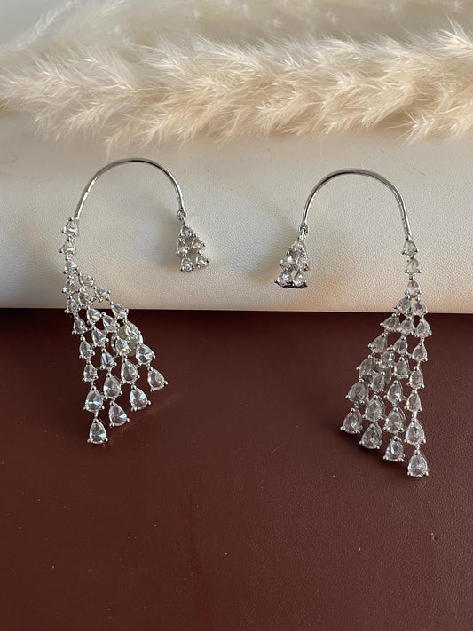 Cubic Zirconia Dangle Earrings: Rhodium Plated Jhumke Style