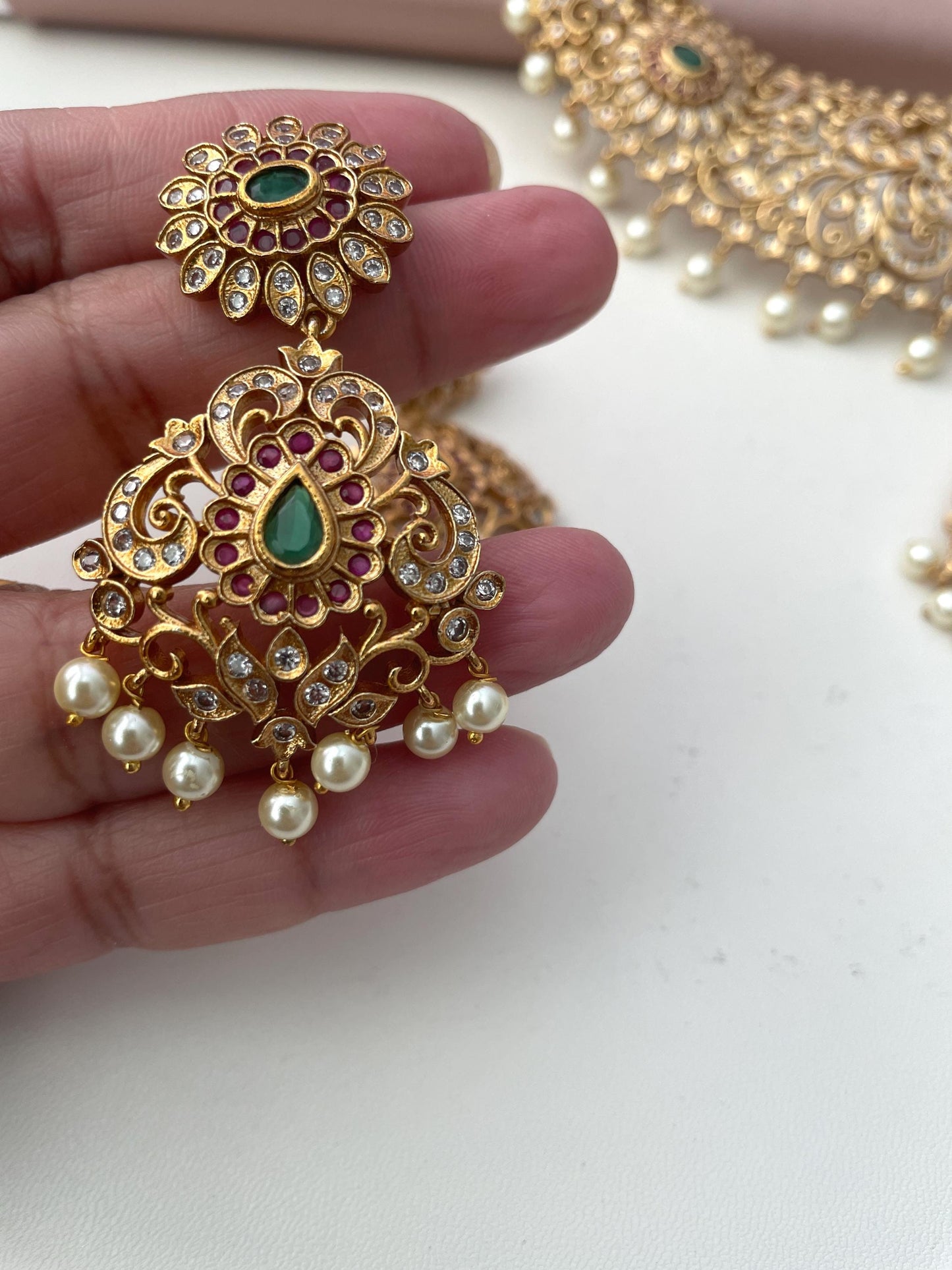 Cubic Zirconia Bridal Necklace Set: Gold, Green, Ruby, and Pearl Statement Jewelry