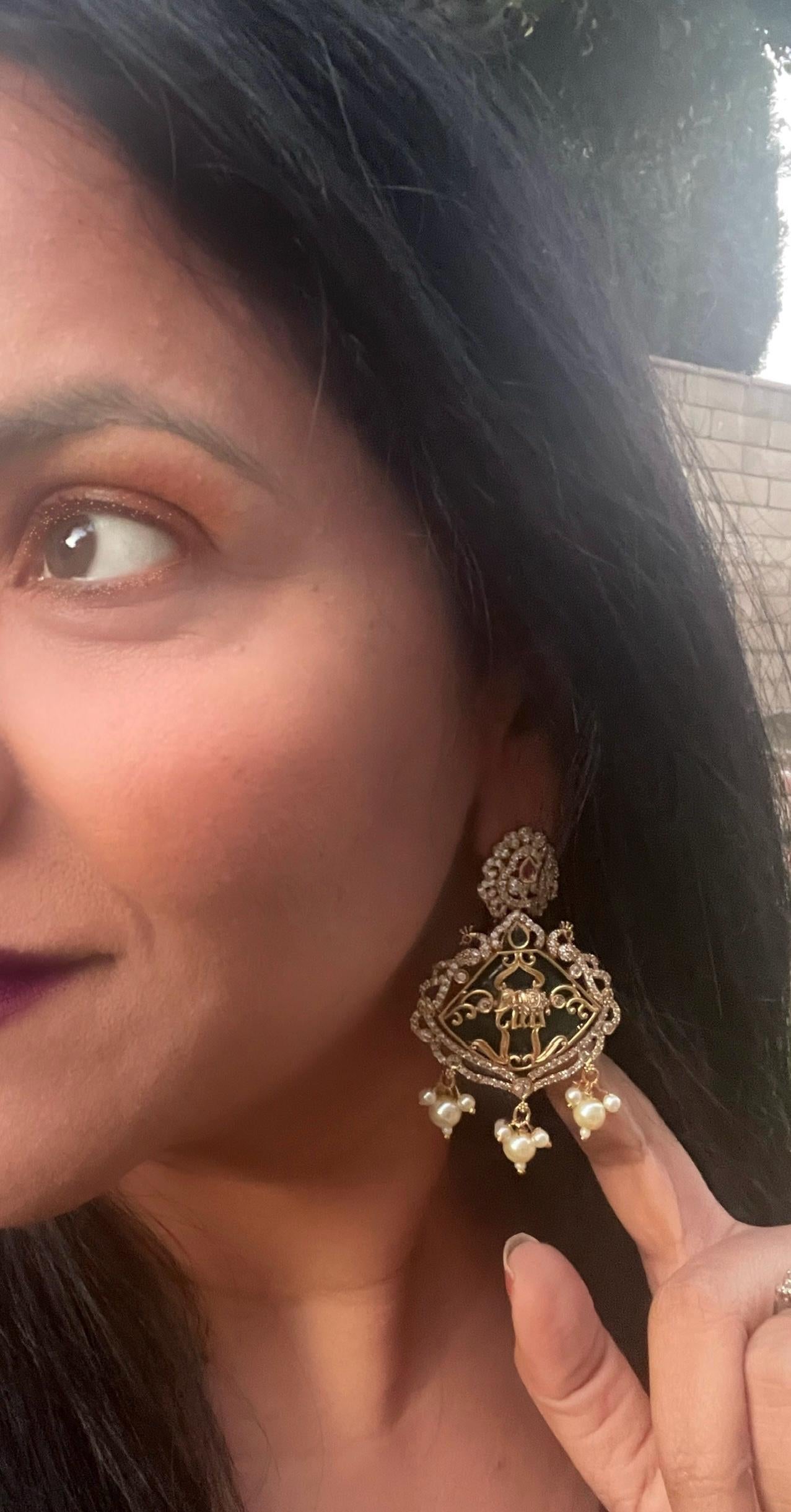 Gold Plated Kemp Stone Earrings: Indian Temple Jewelry with Elephant & Peacock