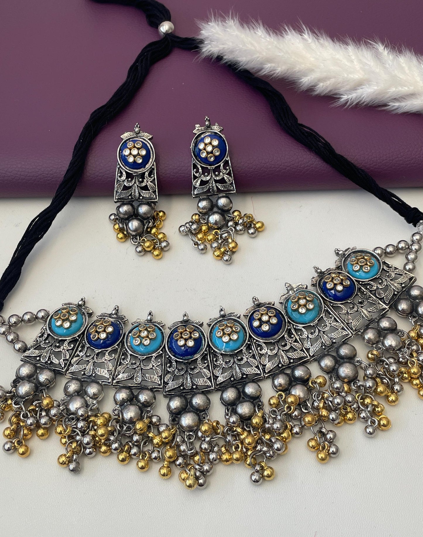 Nysaa dual tone Oxidised multicolored ghungaroo choker with earrings | Bollywood Jewelry | Navaratri jewelry | German silver jewelry