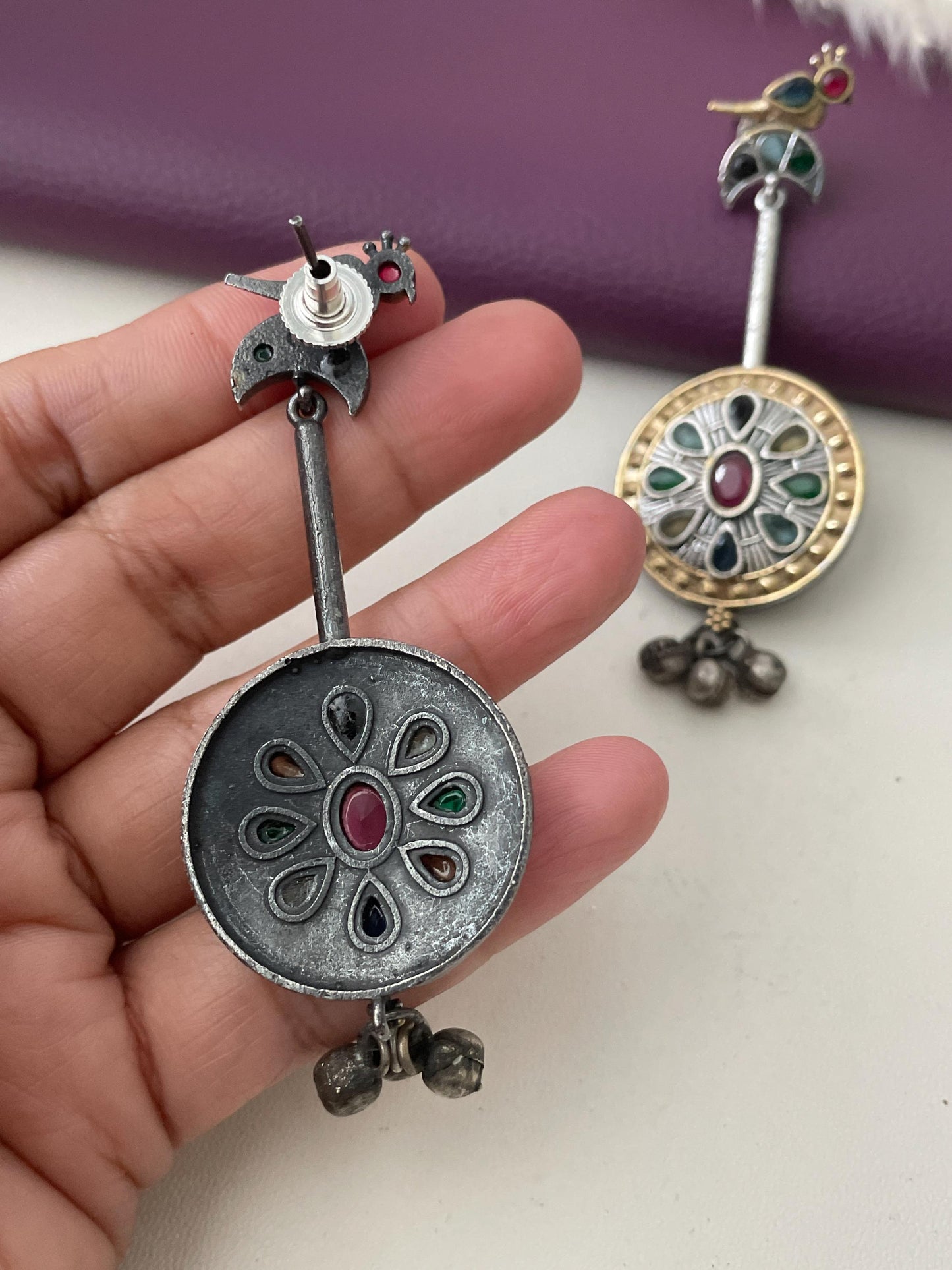 Dual tone multicolored stone earrings