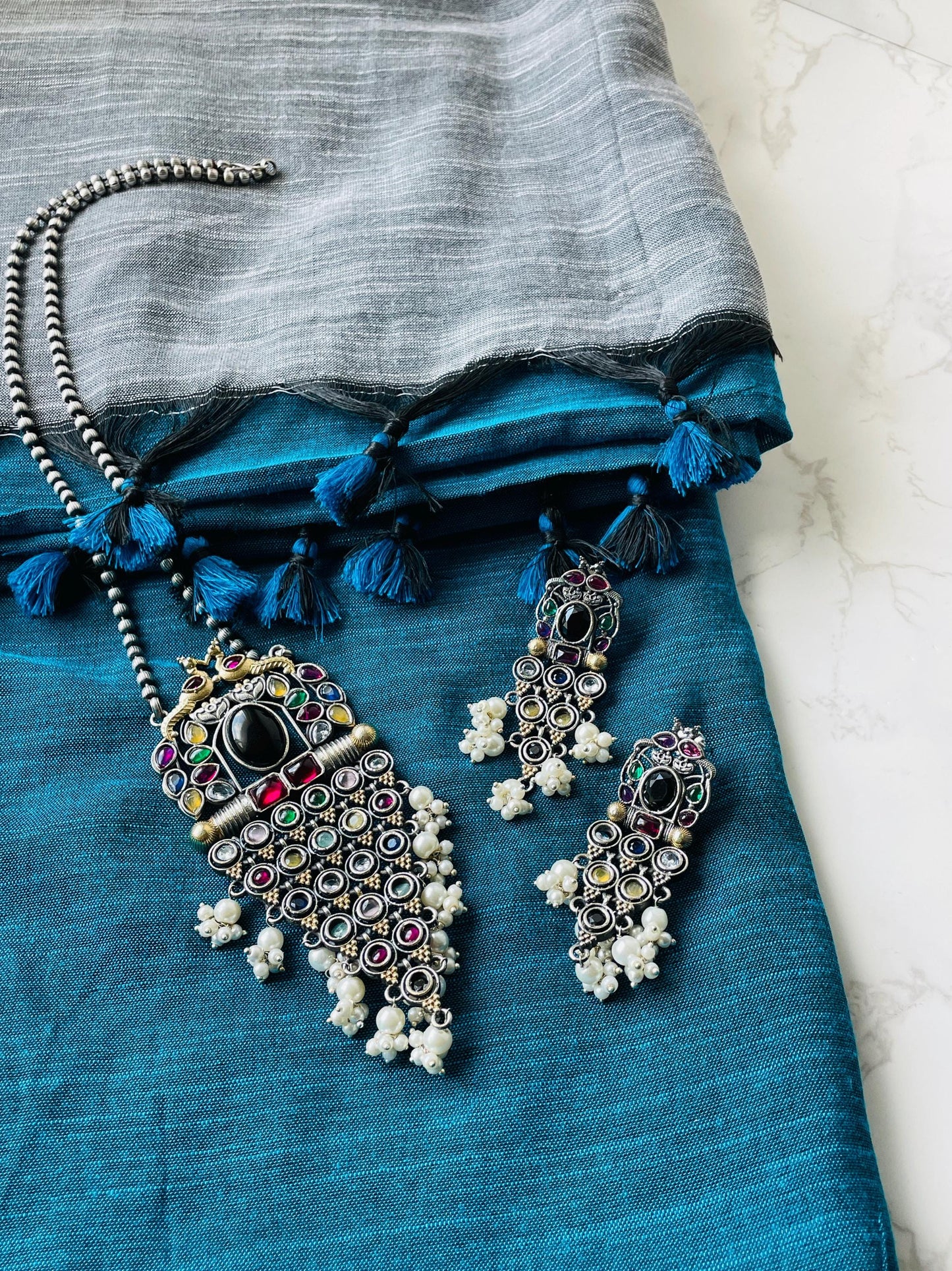 Oxidized Necklace Set: Monalisa Stone, Colorful Festive Jewelry