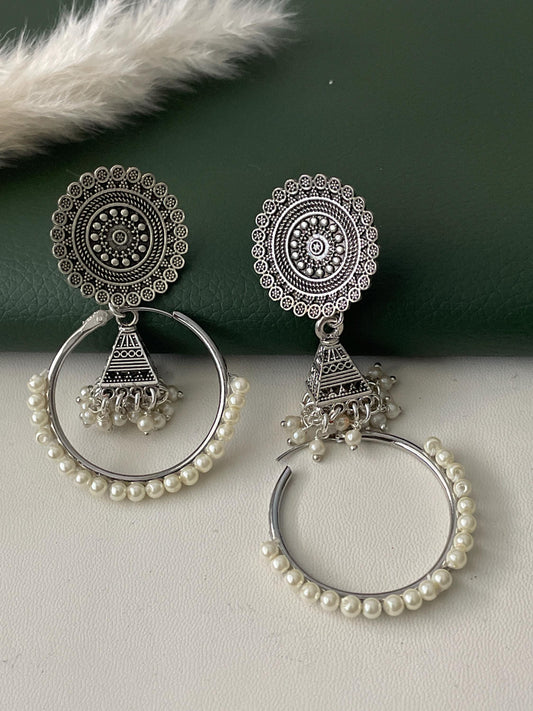 Oxidised hoop jhumka with pearls . 2 earrings in one