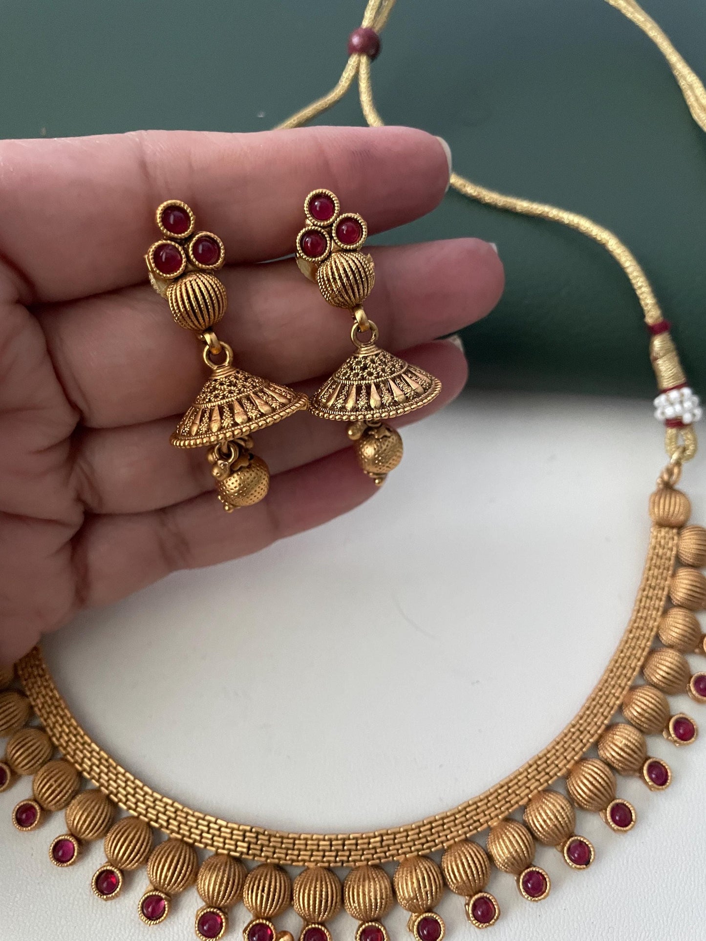 Ruby stone gold plated short necklace with matching earrings