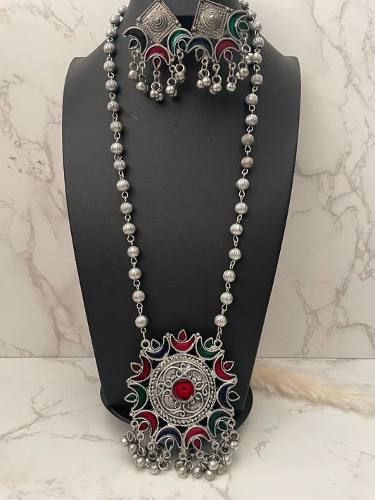 Oxidized Multicolor Necklace Earring Set: Vibrant Pendant, Garba Jewelry