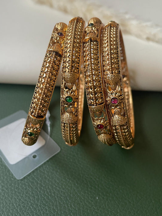Antique Gold Plated Indian Bangles: Ruby & Green Stone Set