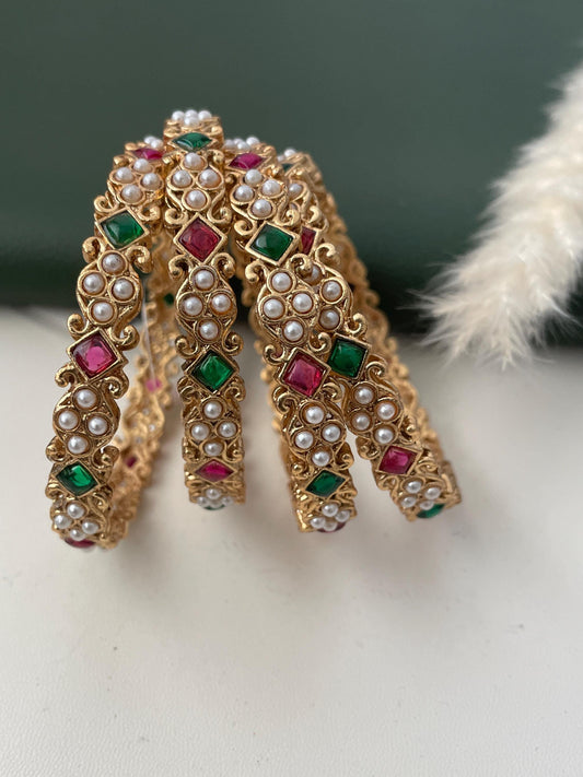 Yellow gold plated Maharastrian motyachya bangadya Pearl kemp stone bangles
