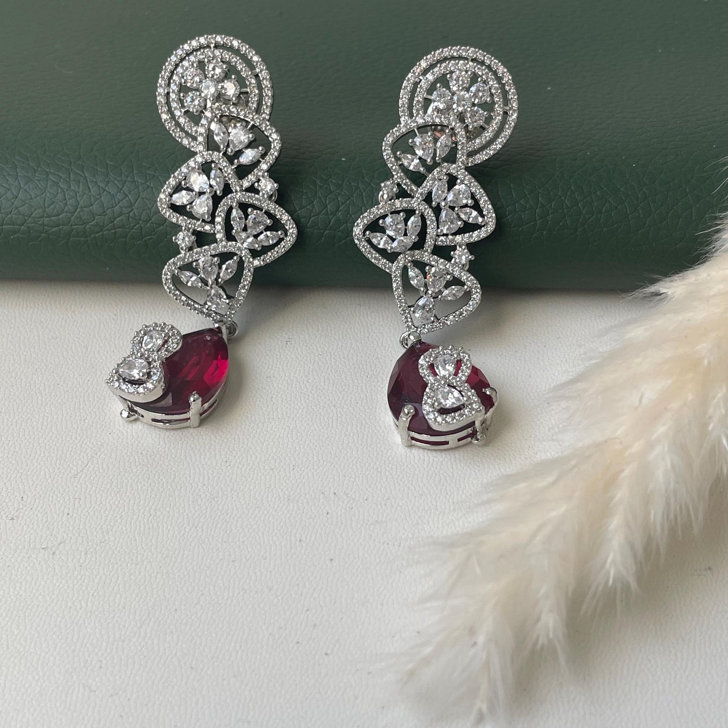 Ruby & Cubic Zirconia Drop Earrings: Silver Plated Party Jewelry